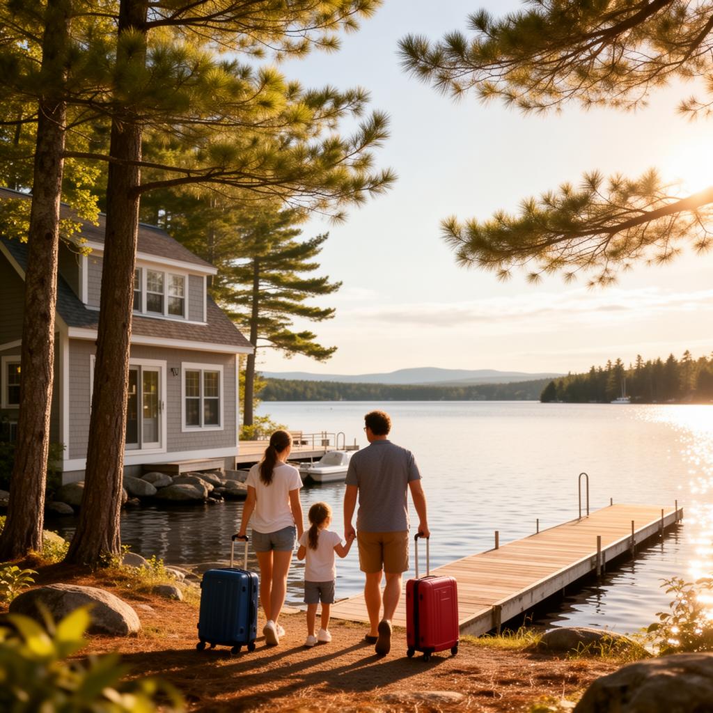 Family arriving at a lakefront vacation rental in Maine