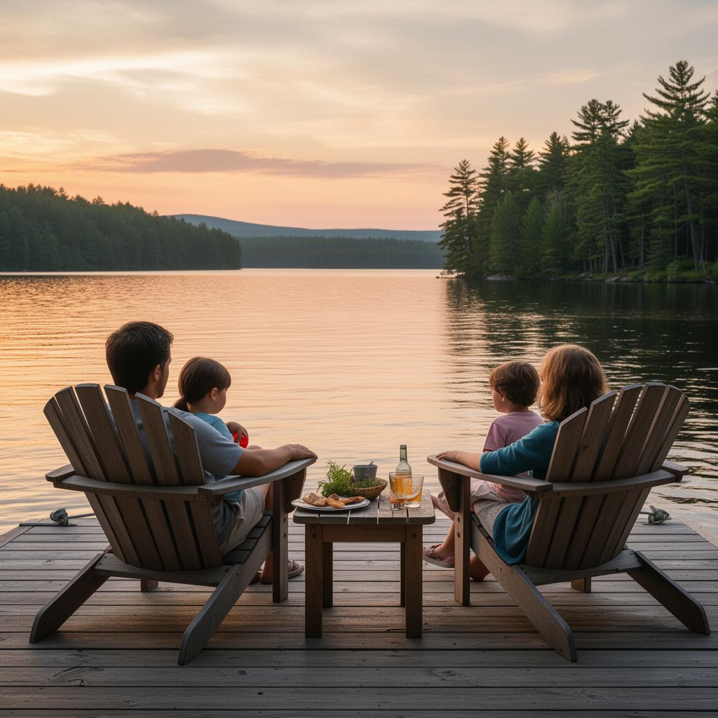 Family relaxing in Adirondack chairs on a dock overlooking Sebago Lake at sunset