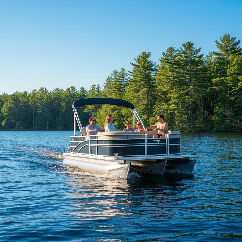 Pontoon boat cruising on Sebago Lake