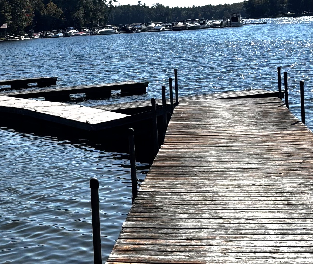 Same floating dock in August tilted at a 10 to 15 degree angle as the lake dropped about a foot and a half