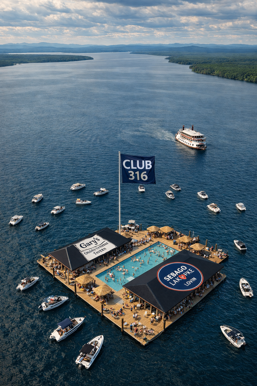Aerial view of Club 316 floating entertainment venue on Sebago Lake with boats surrounding it
