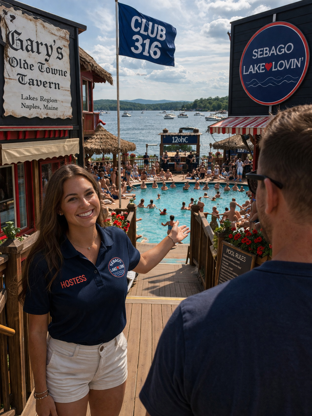 Club 316 hostess welcoming guests with pool and lake views in the background