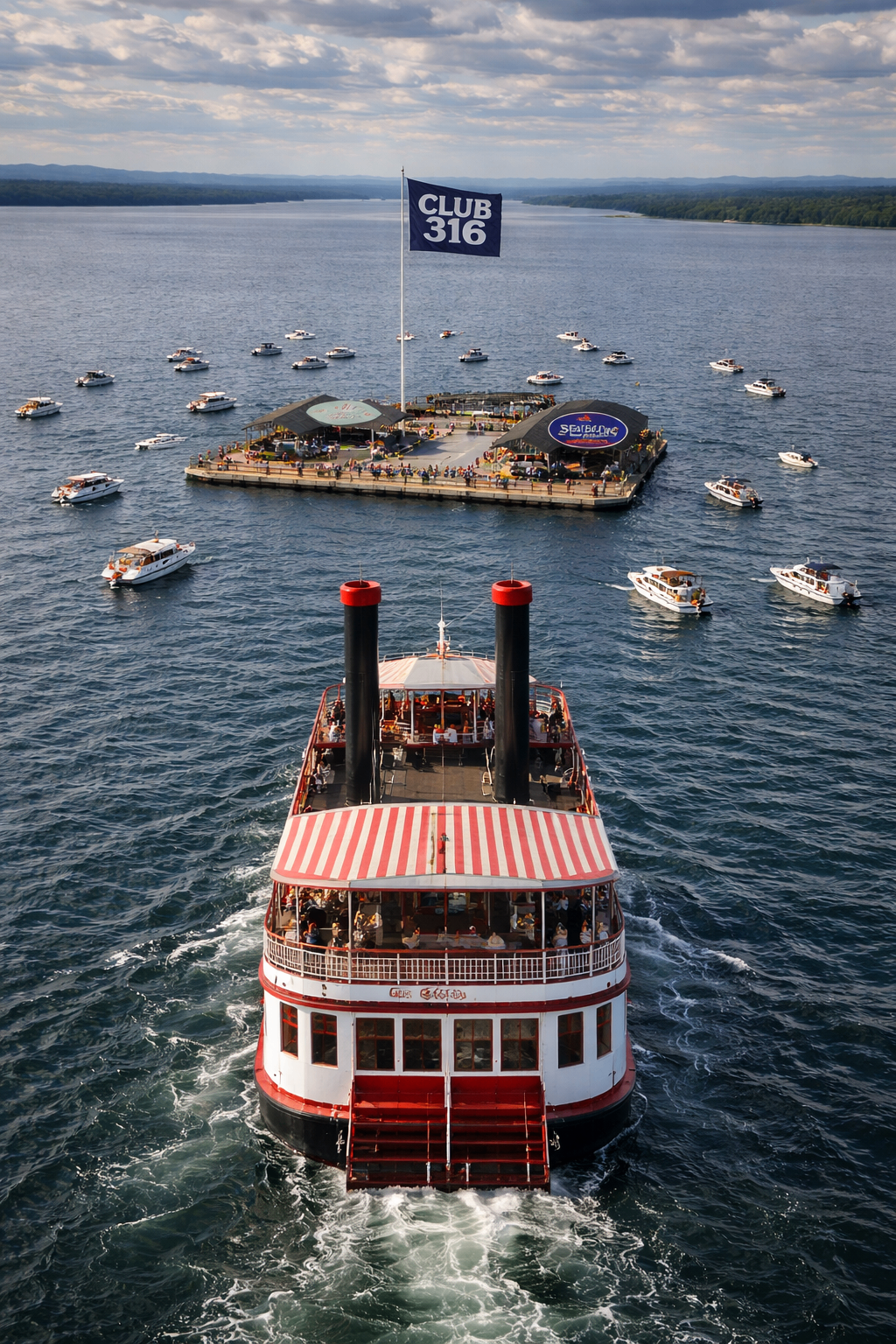 Songo River Queen approaching Club 316 floating venue on Sebago Lake