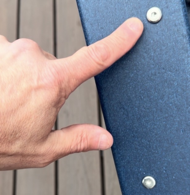 Close-up of stainless chair hardware with no rust after a winter outdoors