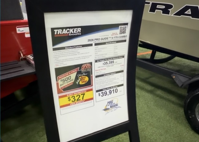 Pricing sheet for the 2026 Tracker Pro Guide V-175 Combo
